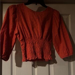 SO Orange Eyelet Smocked Waist Blouse